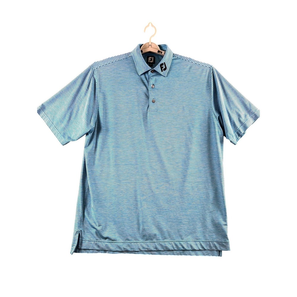 FootJoy ProDry Mens Polo Shirt Light Blue White Micro Stripe Golf Top‎ FJ Logo